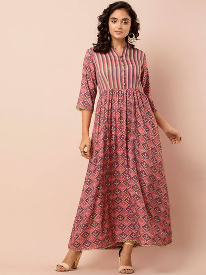 Indya Orange Printed Maxi Dress - Distacart