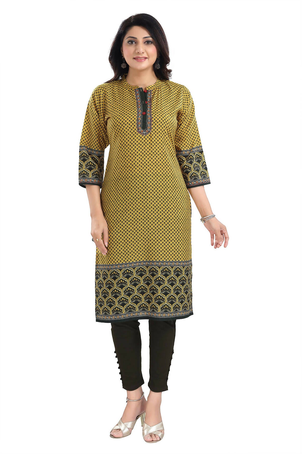 Snehal Creations Yellow Designer Digital Print Cotton Slub Fabric Long Kurti Tunic - Distacart