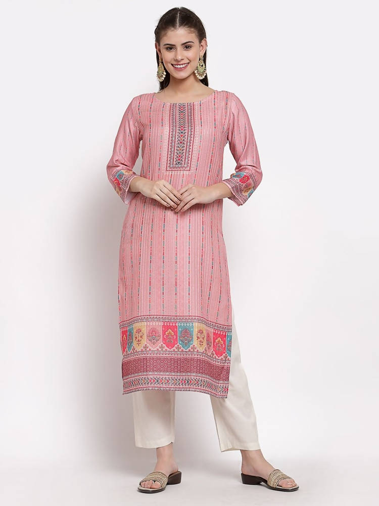 Myshka Women's Traditional Multi Cotton Printed 3/4 Sleeve Round Neck Casual Kurta