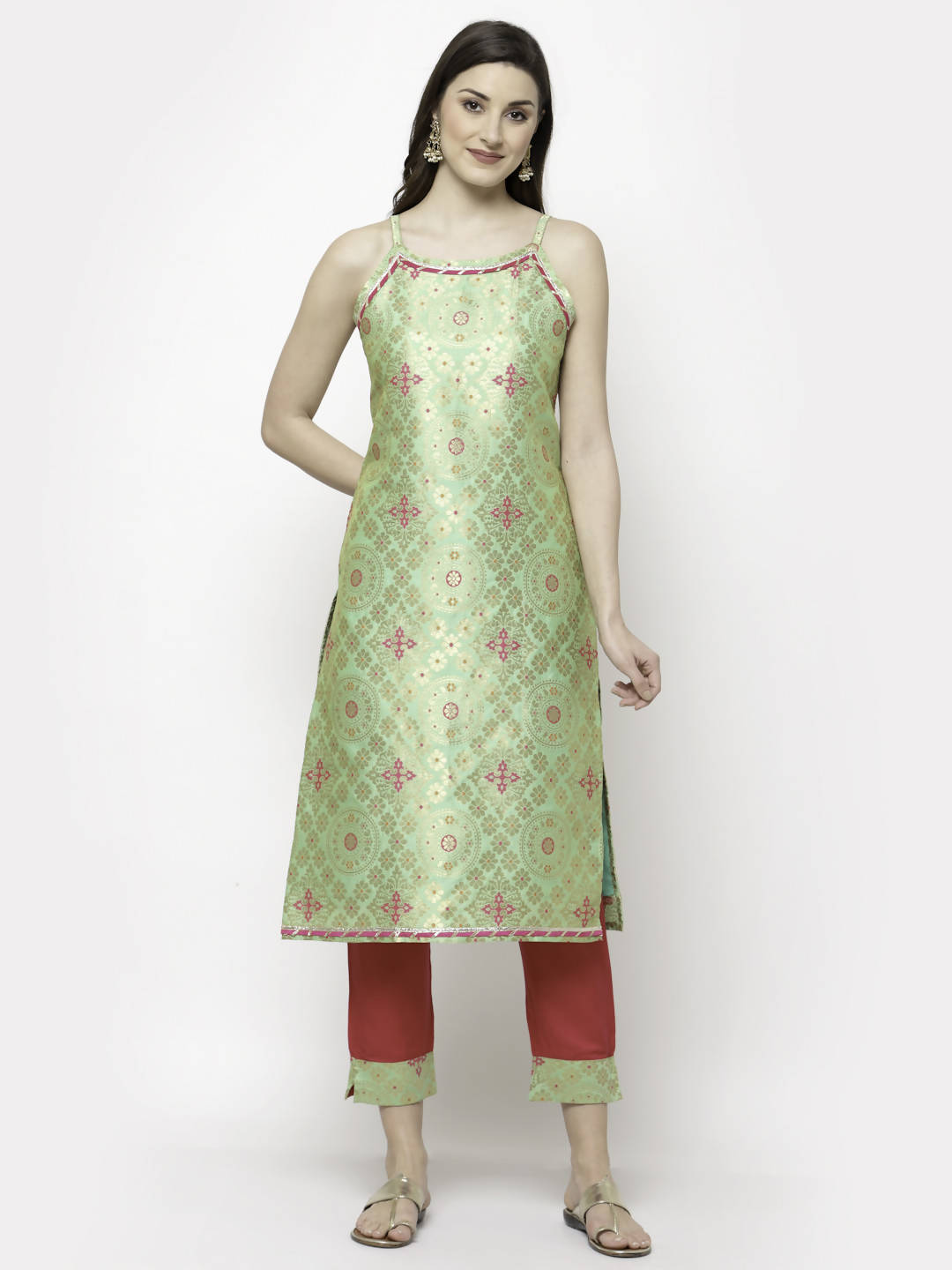 Myshka Green Jacard Printed Sleeveless Round Neck Kurta Pant Dupatta Set