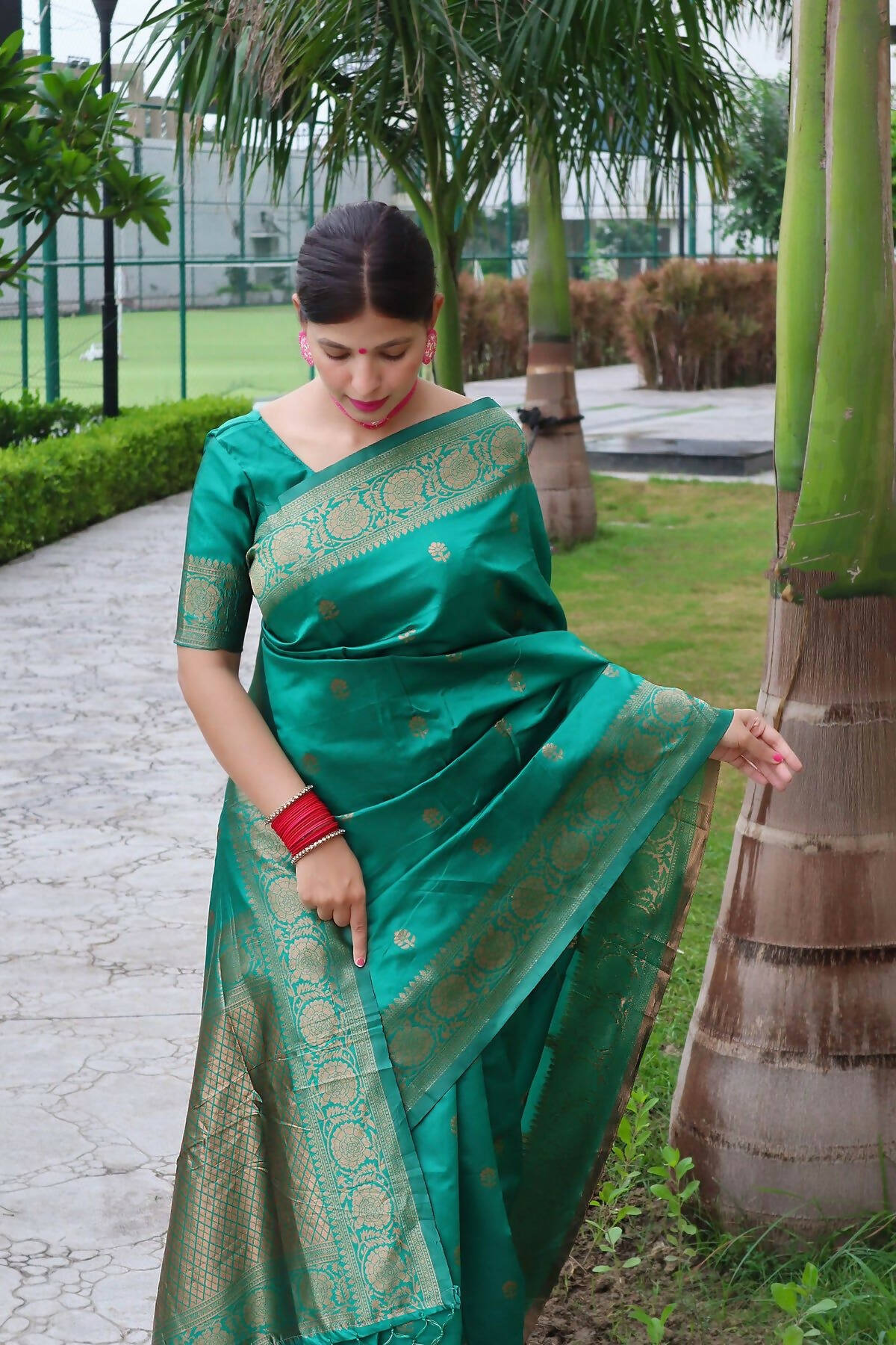 DEIANA'S Beautiful Golden Jari with New Design Soft Lichi Silk Saree - Teal - Distacart