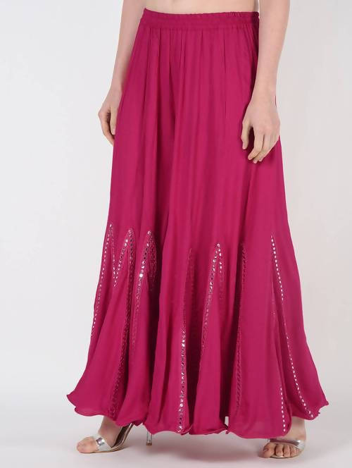 Mominos Fashion Magenta Viscose Rayon Flared Palazzo with Mirror Lace Work - Distacart