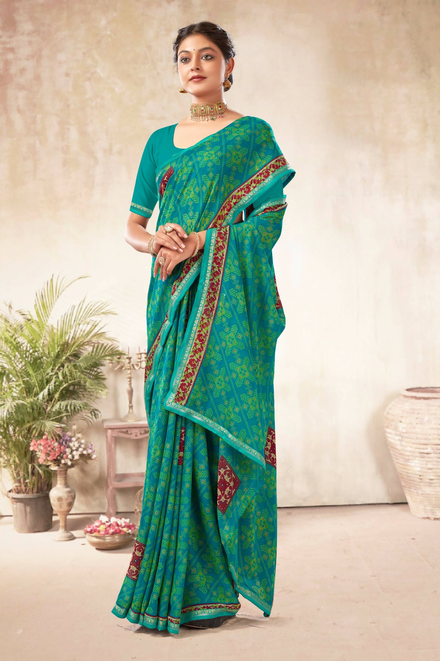 Sea Green Georgette Bandhni Printed Saree With Unstitched Blouse Piece - Shanaya - Distacart