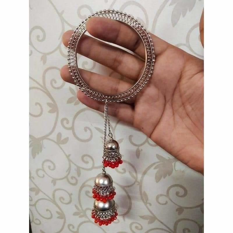 Hanging Red Pearls Jhumkas Bangles With Chains