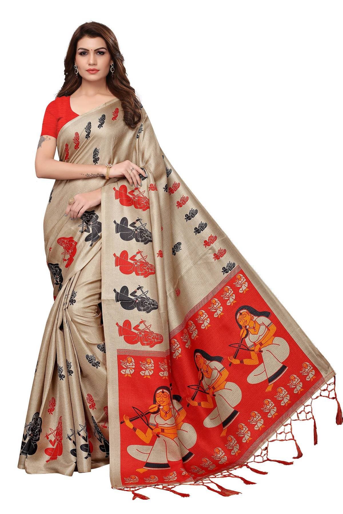Vamika Chiku & Red Kalamkari With Jhalar Khadi Silk Saree
