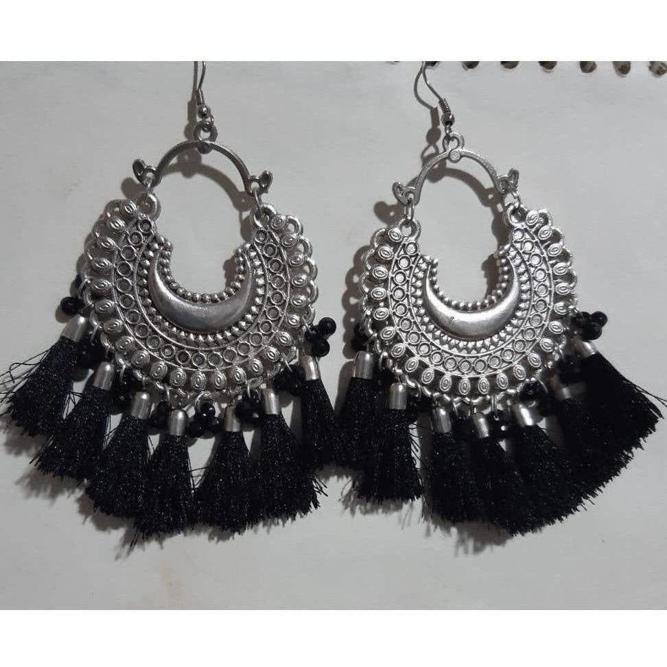 Oxidized Silver Afghani Black Color Silk Thread Chandbali Earrings With Tassels