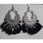 Thumbnail for Oxidized Silver Afghani Black Color Silk Thread Chandbali Earrings With Tassels