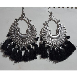 Oxidized Silver Afghani Black Color Silk Thread Chandbali Earrings With Tassels