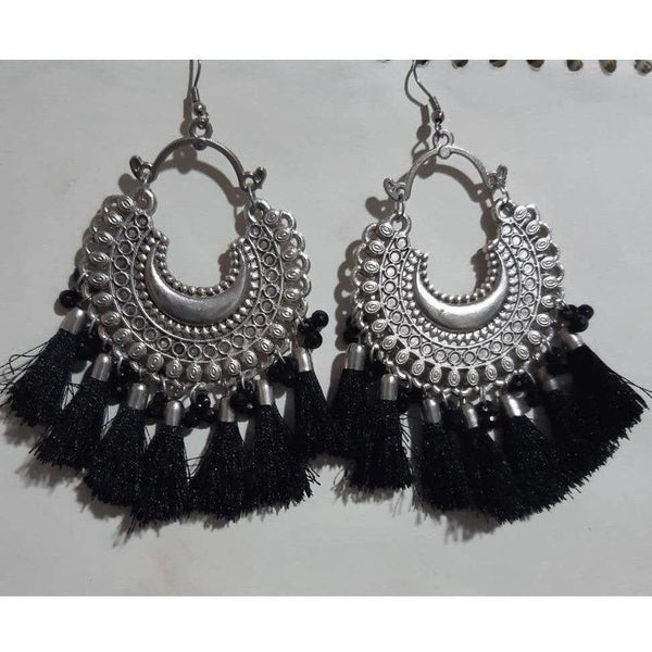 Oxidized Silver Afghani Black Color Silk Thread Chandbali Earrings With Tassels