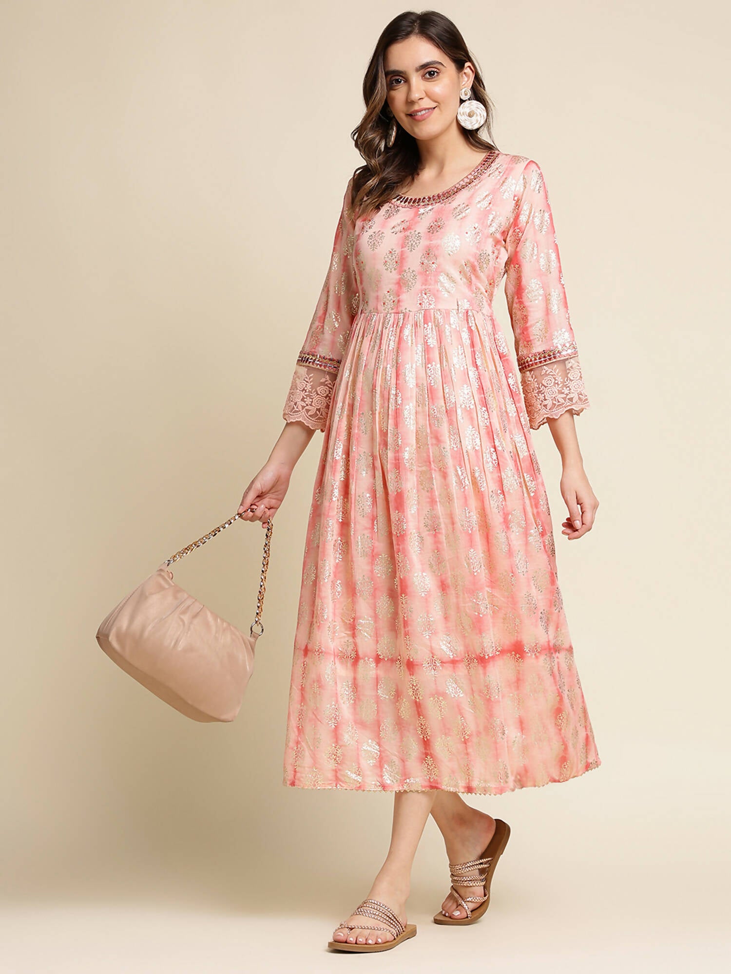 Peach Cotton Paisley Printed Fit & Flare Dress - Yukti - Distacart