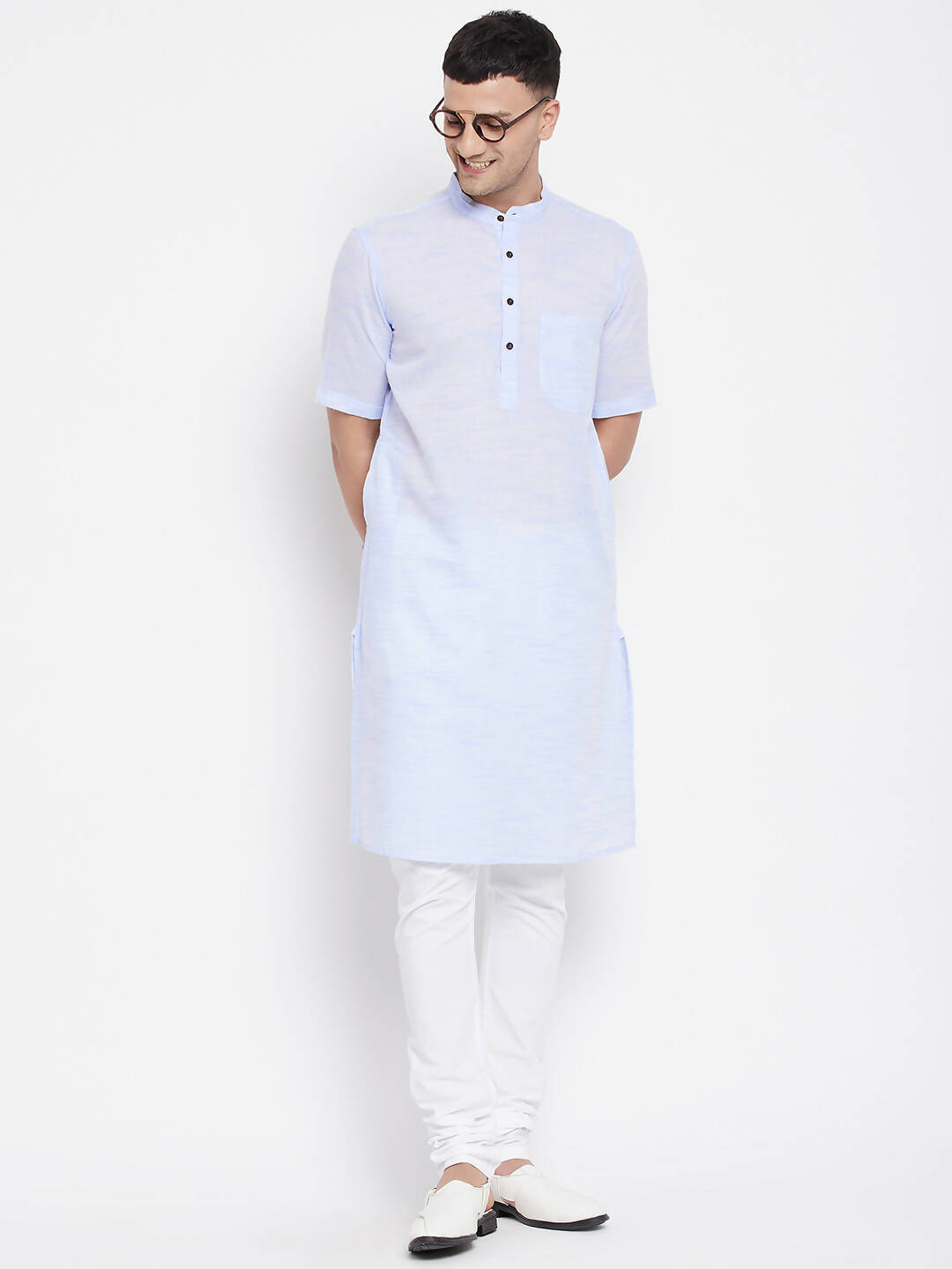 Even Apparels Blue Color Pure Cotton With Band Collar Men's H/S Kurta - Distacart