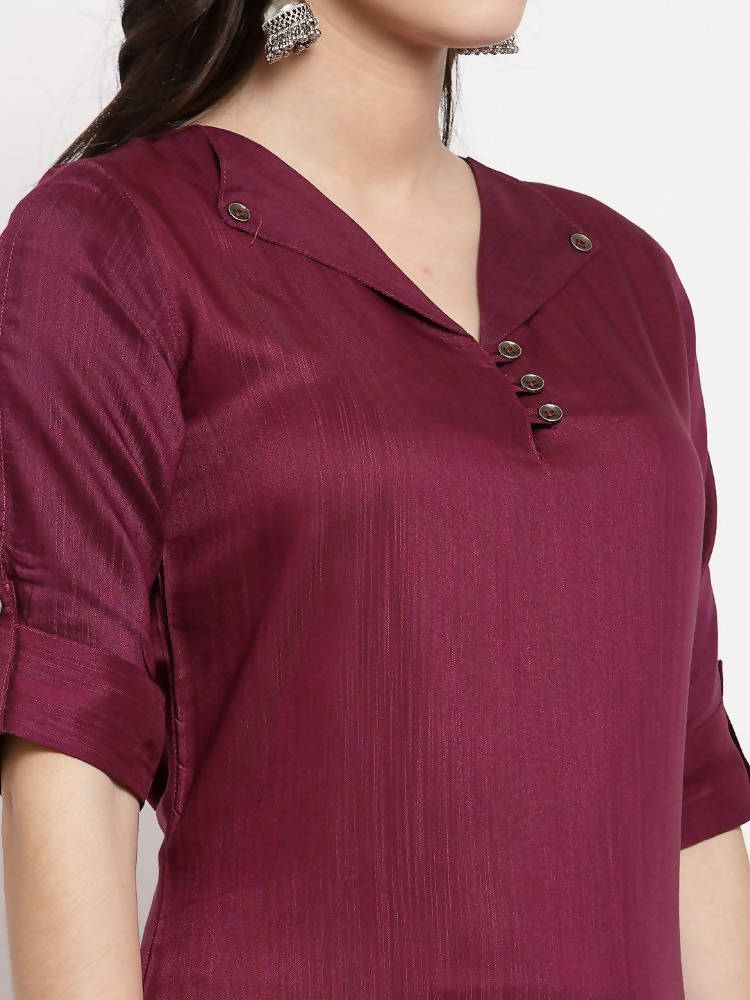 Myshka Women's burgundy Cotton Solid Half Sleeve Collar Neck Casual Kurta Pant Dupatta Set