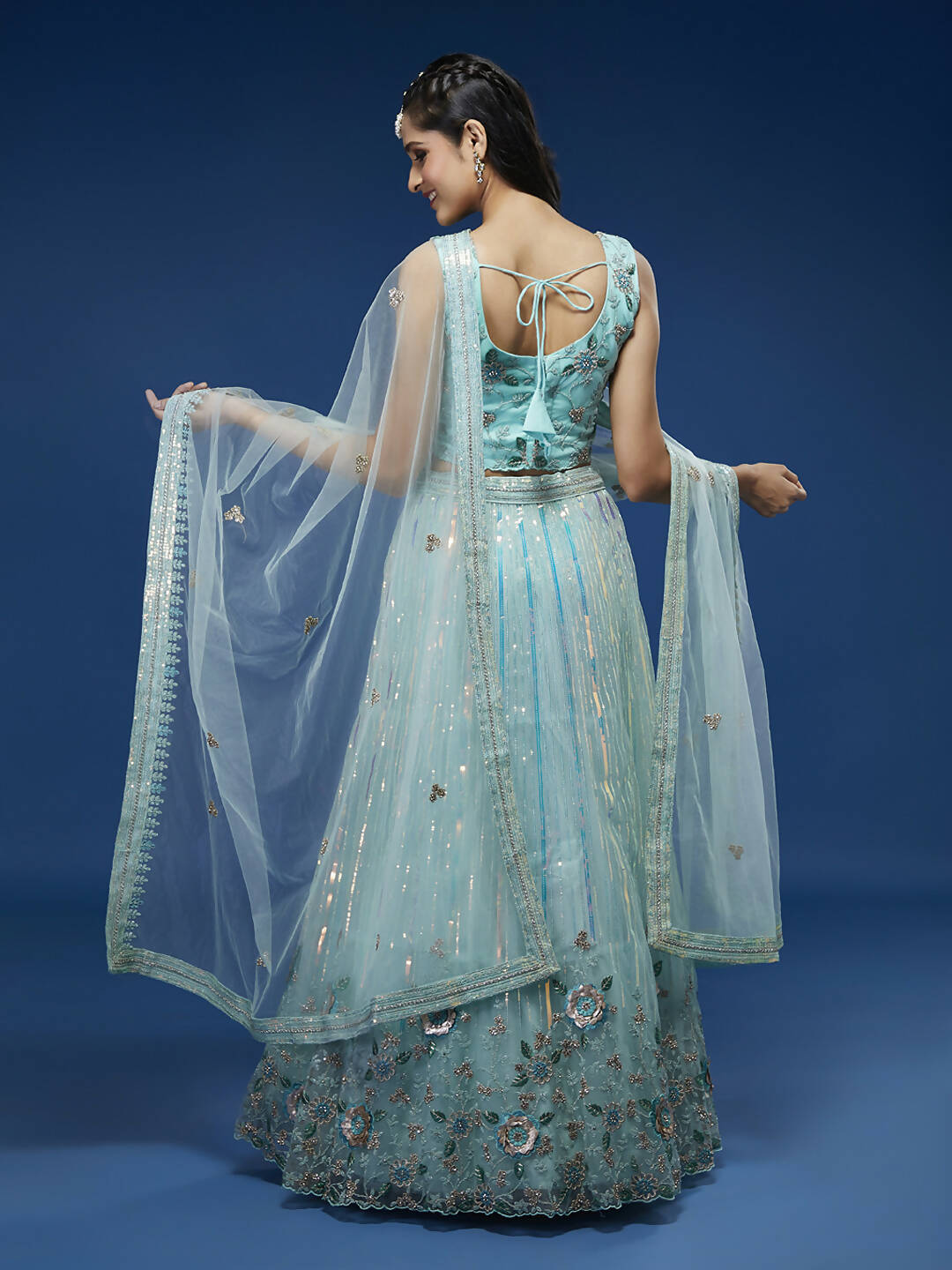 House of Panchhi Turquoise Blue Net Sequinse Work Lehenga & Blouse, Dupatta - Distacart