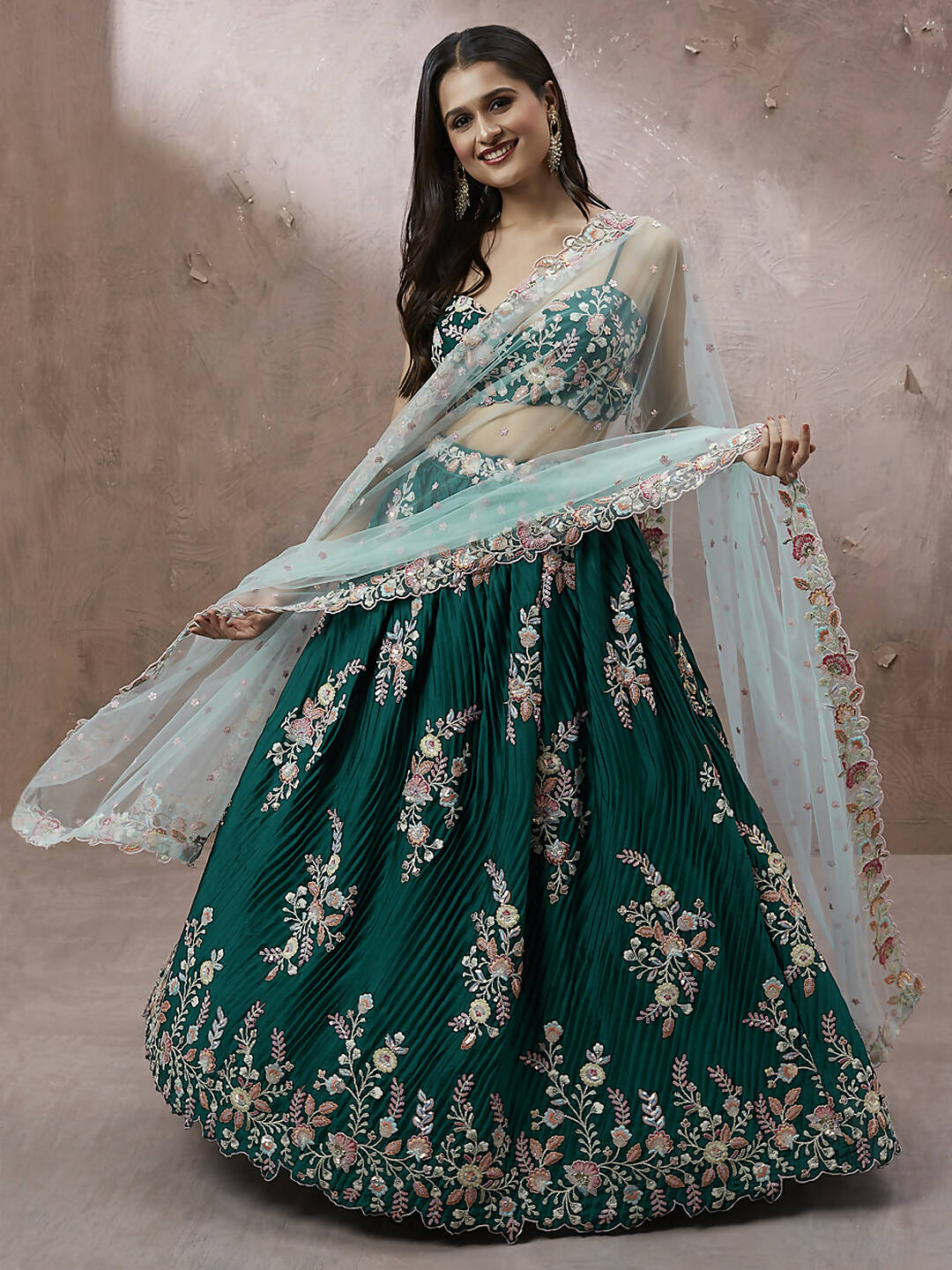 House of Panchhi Teal - Pure Georgette Thread & Sequins Work Lehenga - Distacart