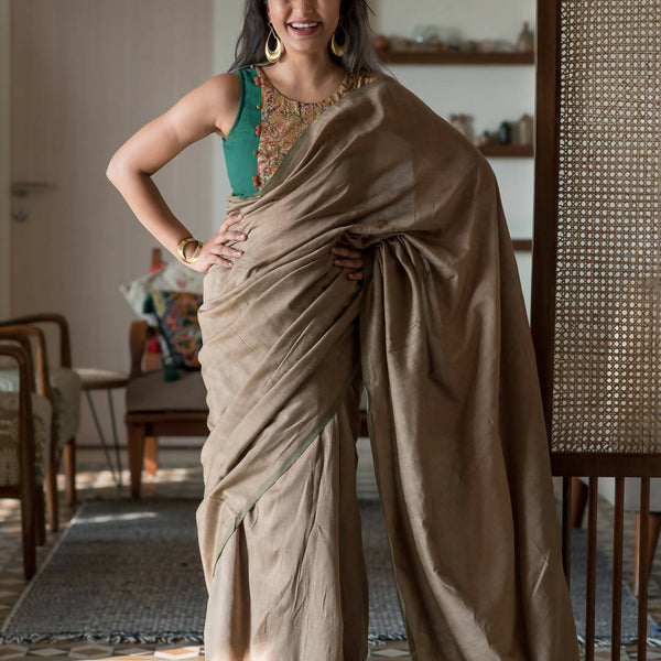 Suta Taupe Solid Cotton Blend Saree - Distacart