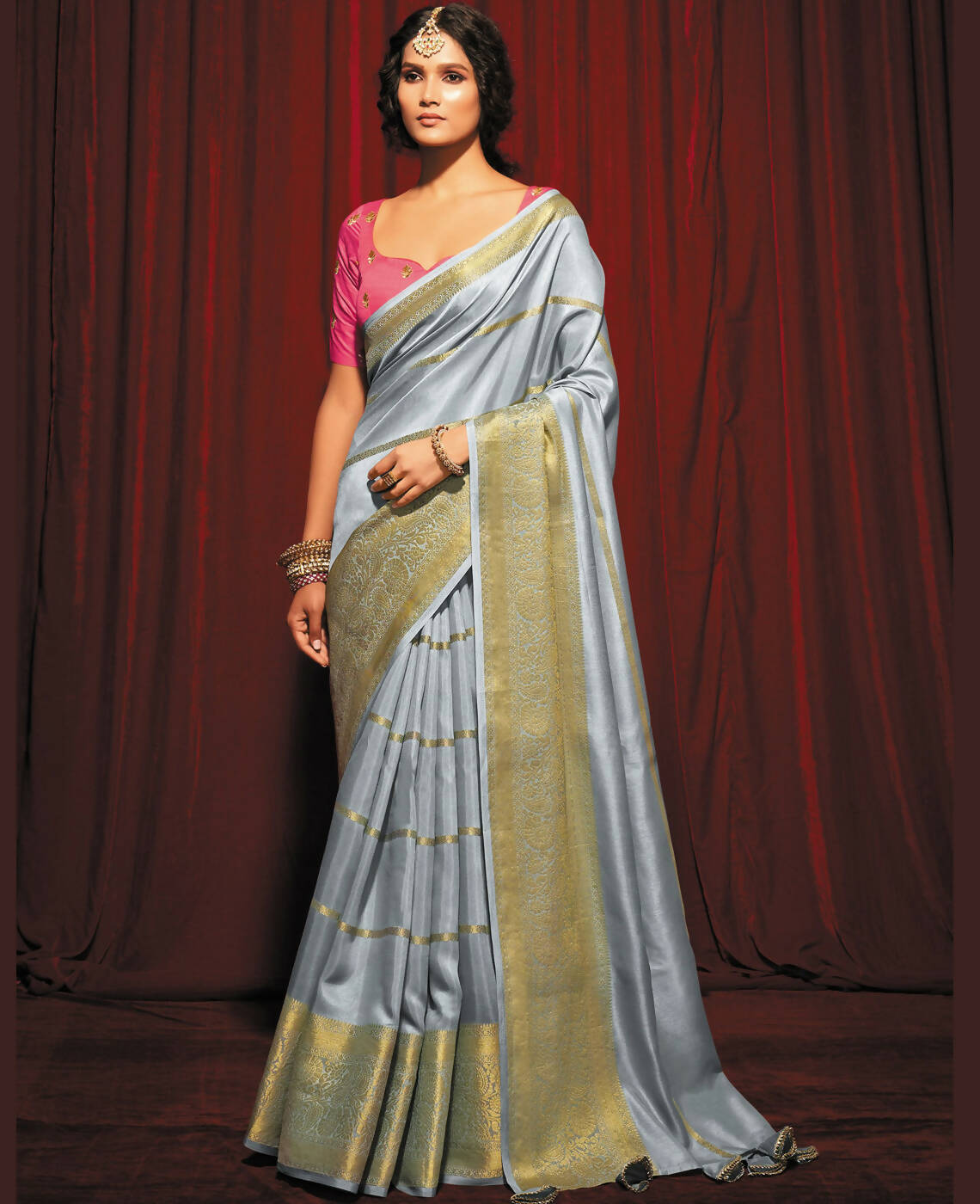Grey Silk Striped Pattern Saree With Unstitched Blouse Piece - Zyanya - Distacart