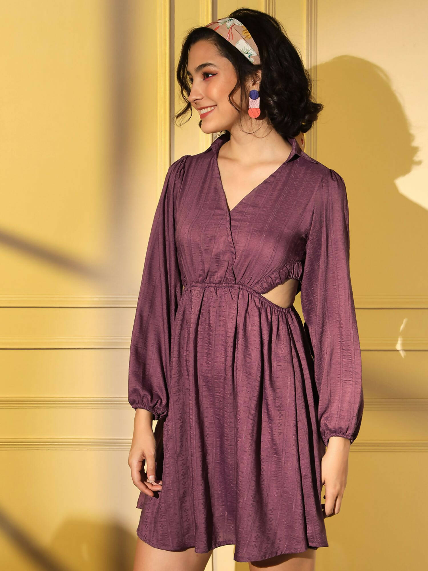 Wine Viscose Solid Flared Dress - Shivani - Distacart