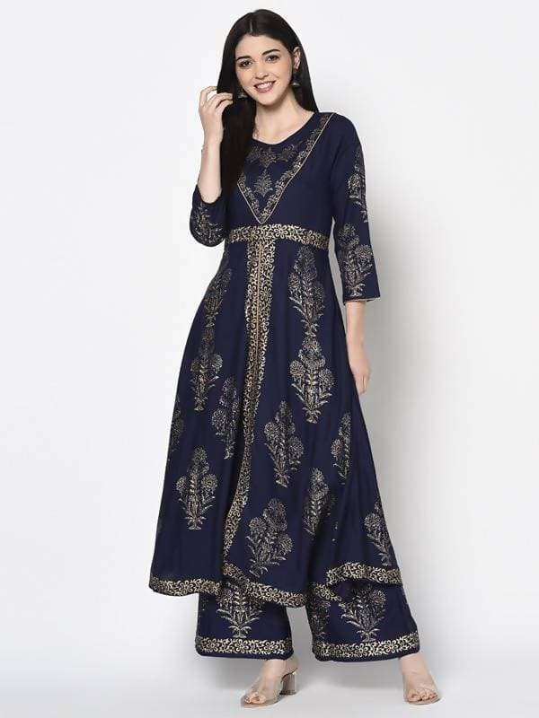 Aniyah Rayon Navy Blue Color Foil Print Anarkali Palazzo Set (AN-191K)