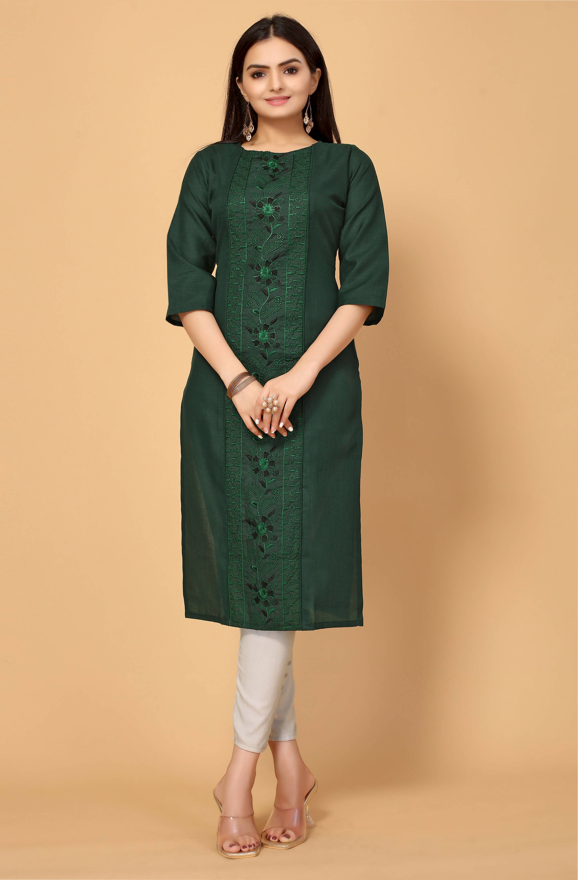 Dark Green Cottan Slub Embroidery Kurti - Umi - Distacart