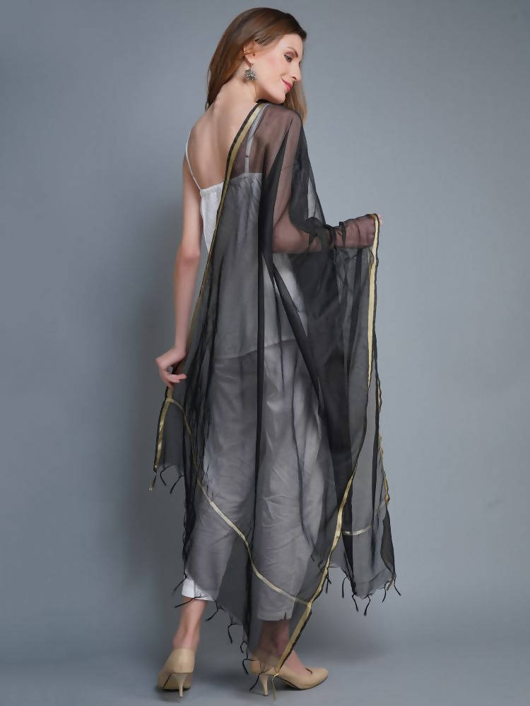 Shehnaai Chanderi Silk Dupatta In Black Colour With A Golden Woven Border