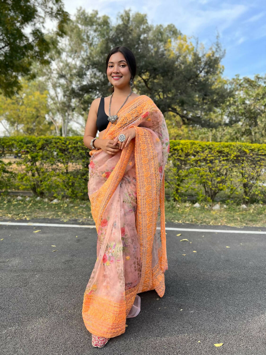 Vastrasky Orange Organza Saree - Distacart