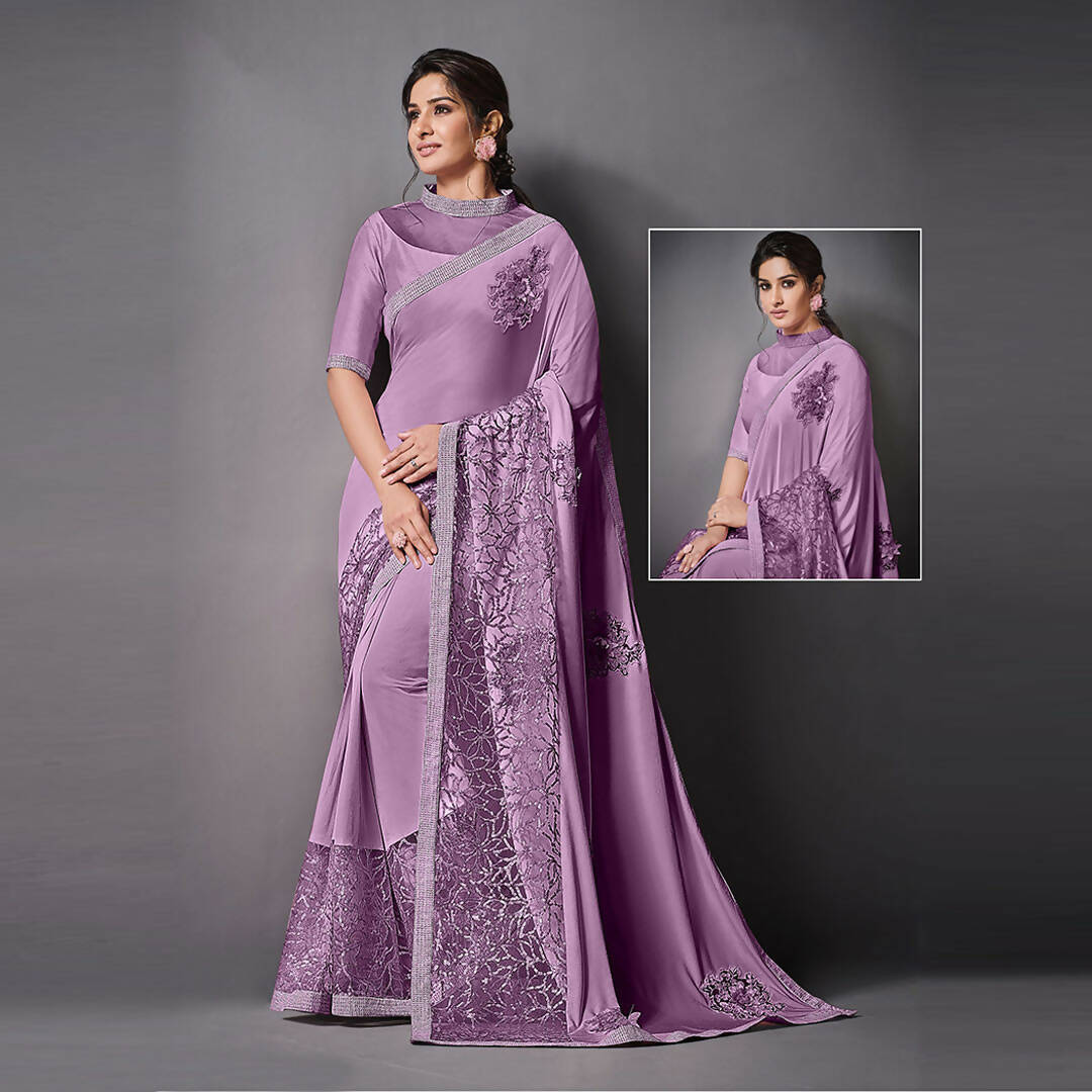 Purple Lycra Raw Silk Sequins Embroidery, Applique Work Saree - Norita Eileen - Distacart