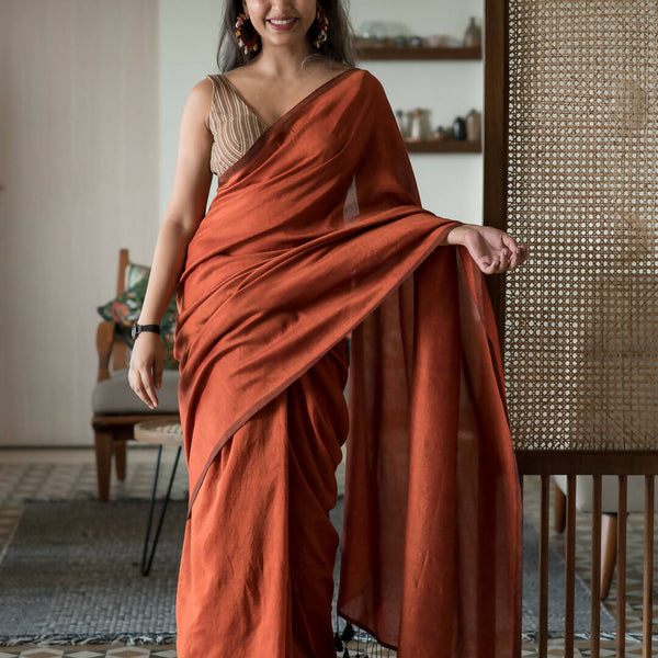 Suta Rust Solid Cotton Blend Saree - Distacart