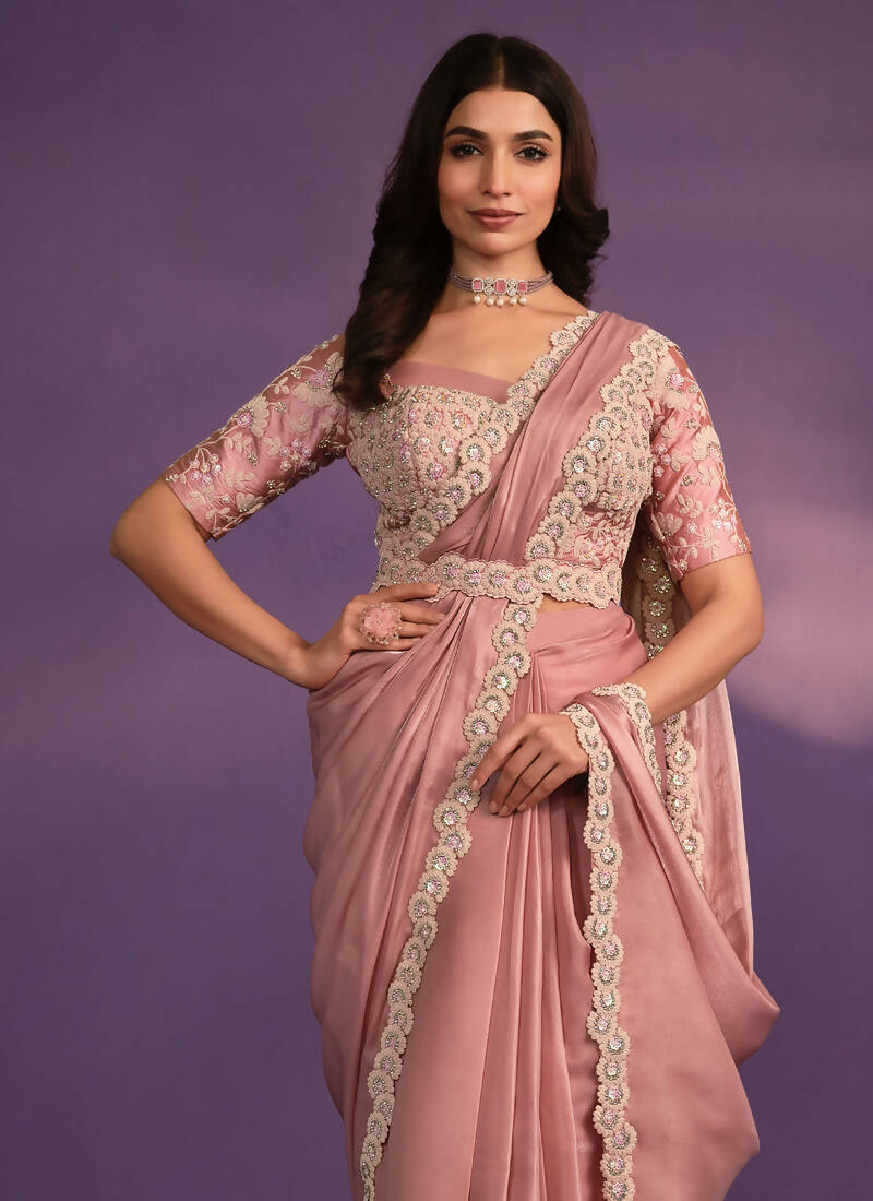 Pink Crepe Georgette Silk Embroidered Saree With Stitched Blouse - Mohmanthan Exotica - Distacart