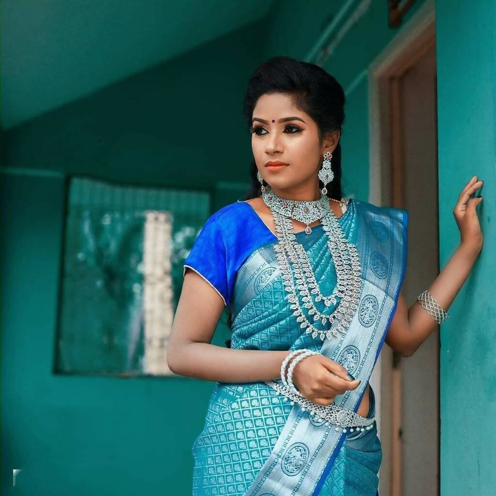 DEIANA'S Beautiful Golden Jari with New Design Soft Lichi Silk Saree - Sky - Distacart