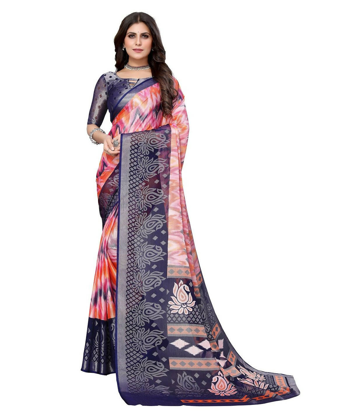 Vamika Navy Blue Chiffon Brasso Bollywood Style Woven Saree (KARUNA NAVY) - Distacart