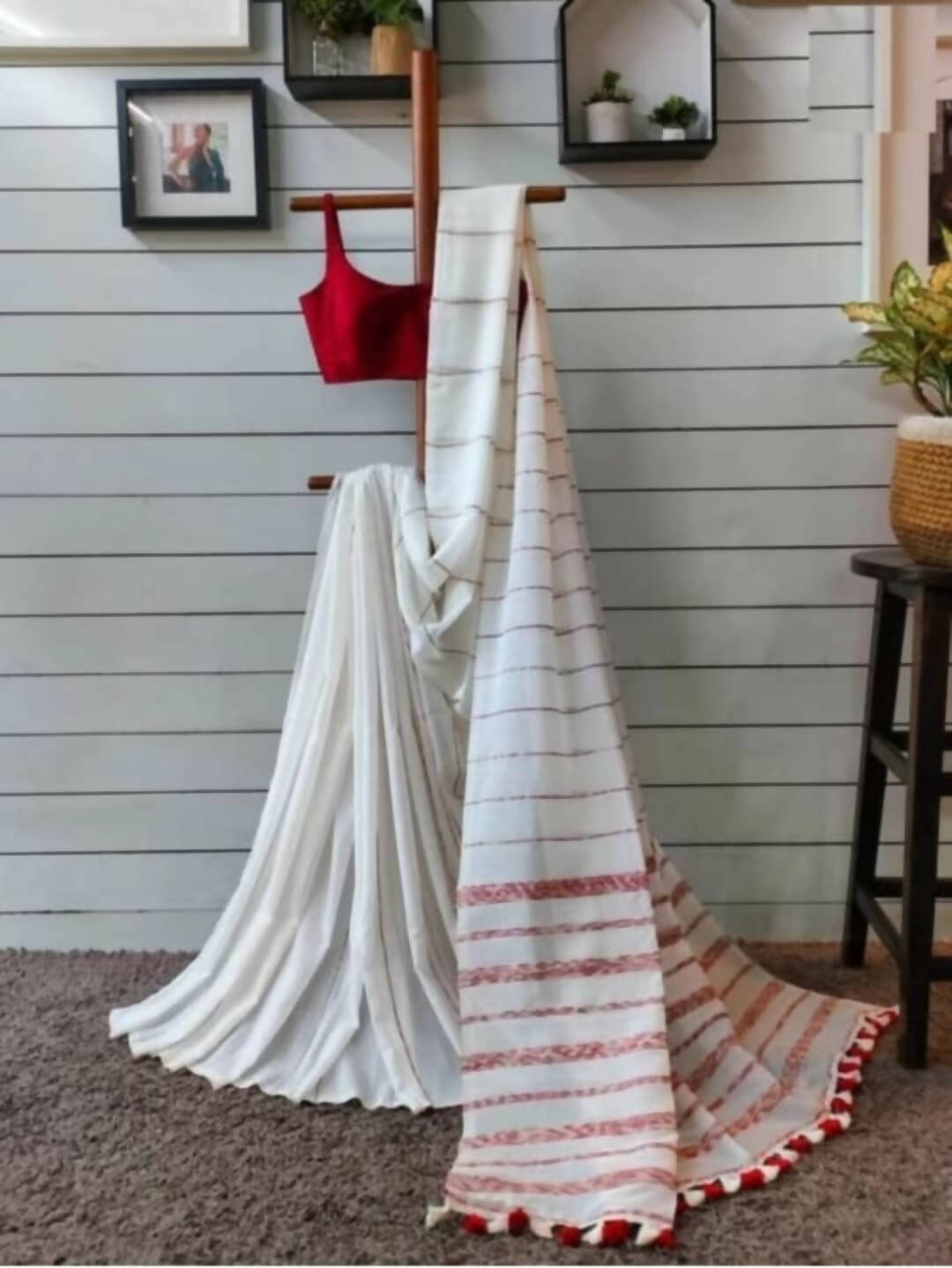 Exclusive Collection Khadi Cotton Handloom Khesh Saree With Blouse Piece - White - Distacart