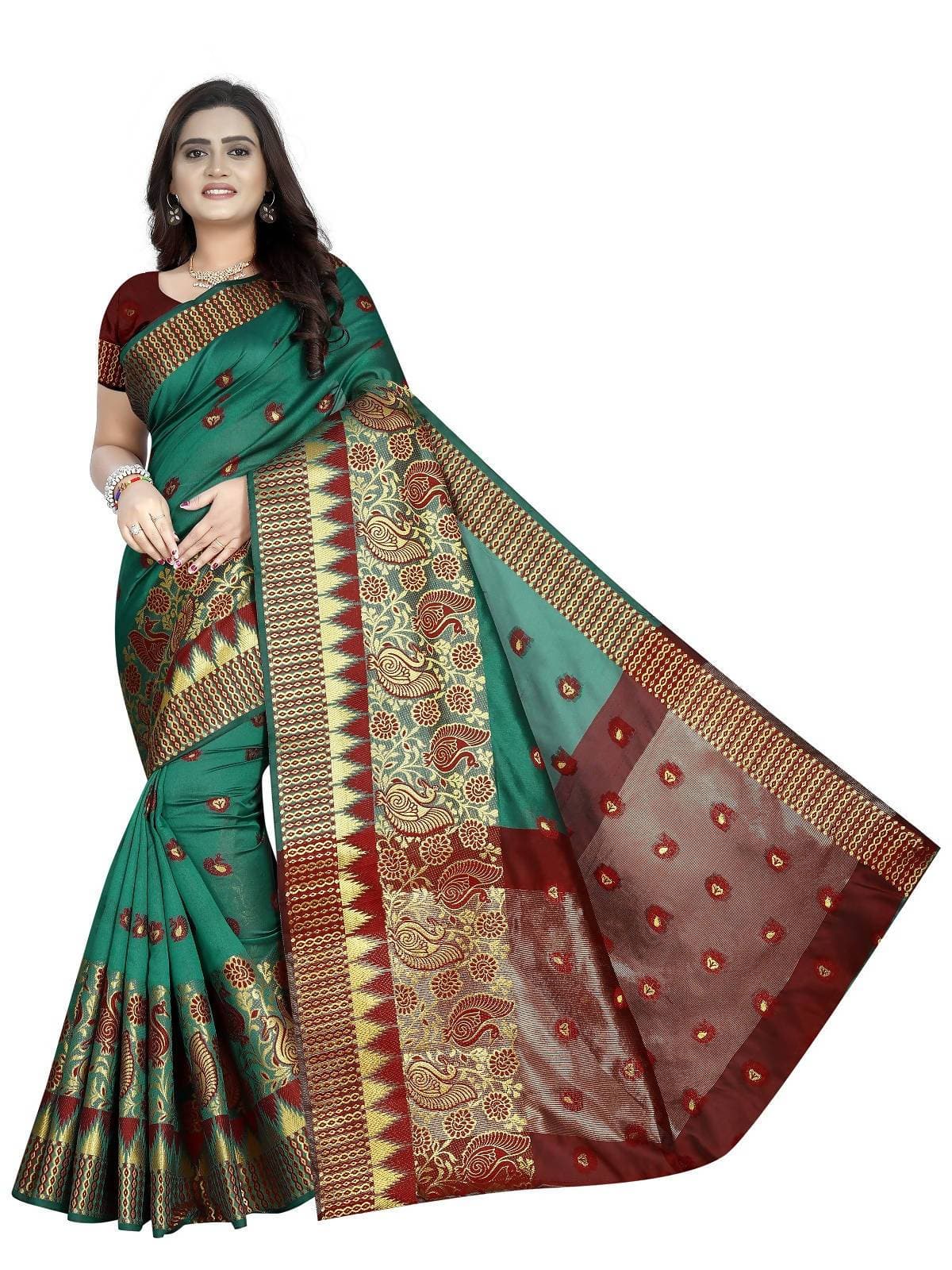 Vamika Banarasi Jaquard Rama Green & Red Weaving Saree