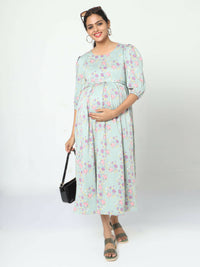 Thumbnail for Manet Three Fourth Maternity Dress Pink Floral Print With Concealed Zipper Nursing Access - Green - Distacart