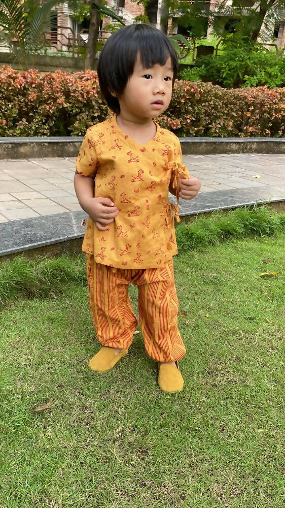 Mhyssa Zeke Half Sleeve Wrap Style Yellow and Red T-shirt With Long Pant Set For Kids - Distacart