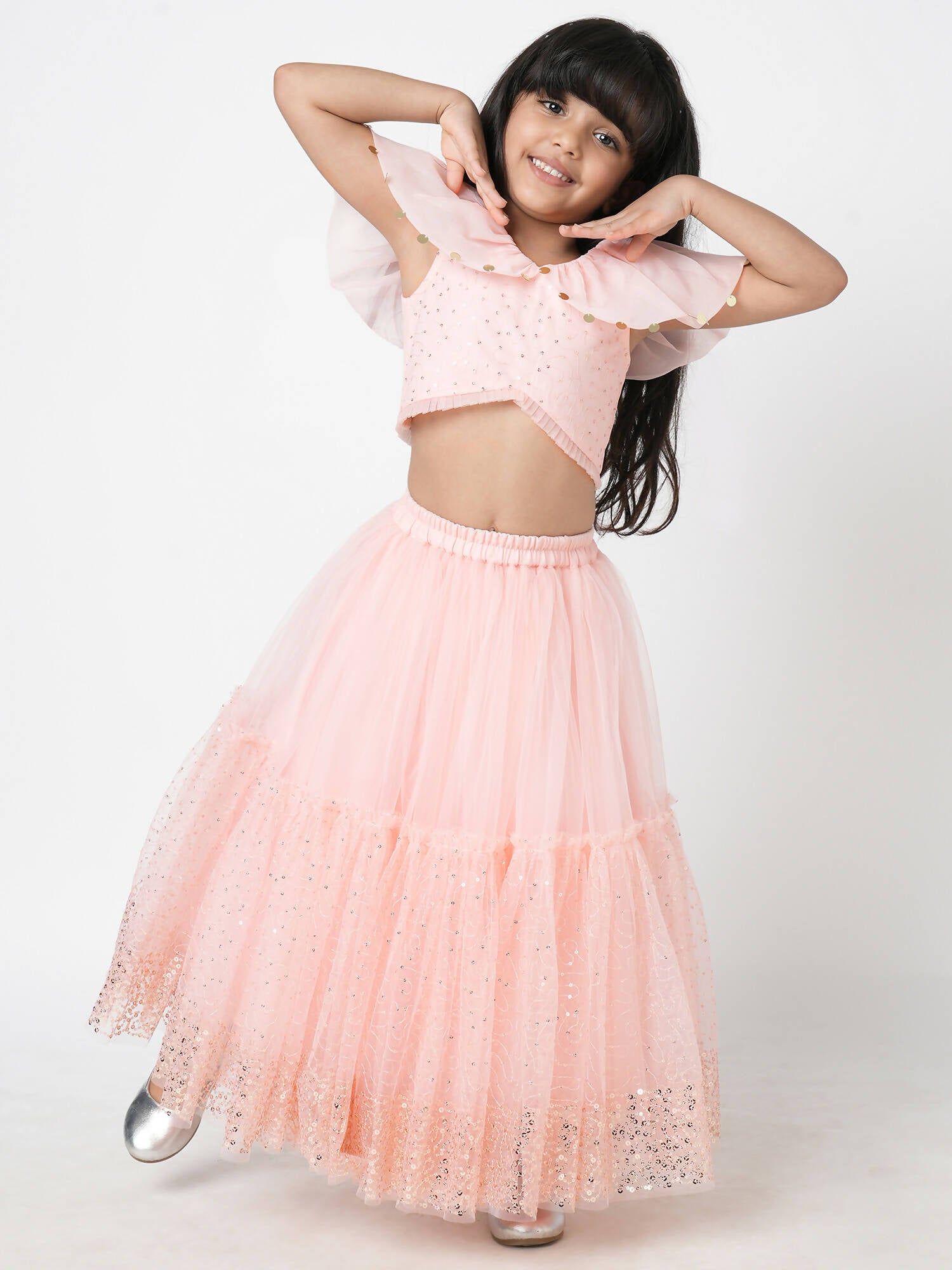 Lil Drama Paris Nights Girls Peach Sequin Embroidered Lehanga Choli - Distacart