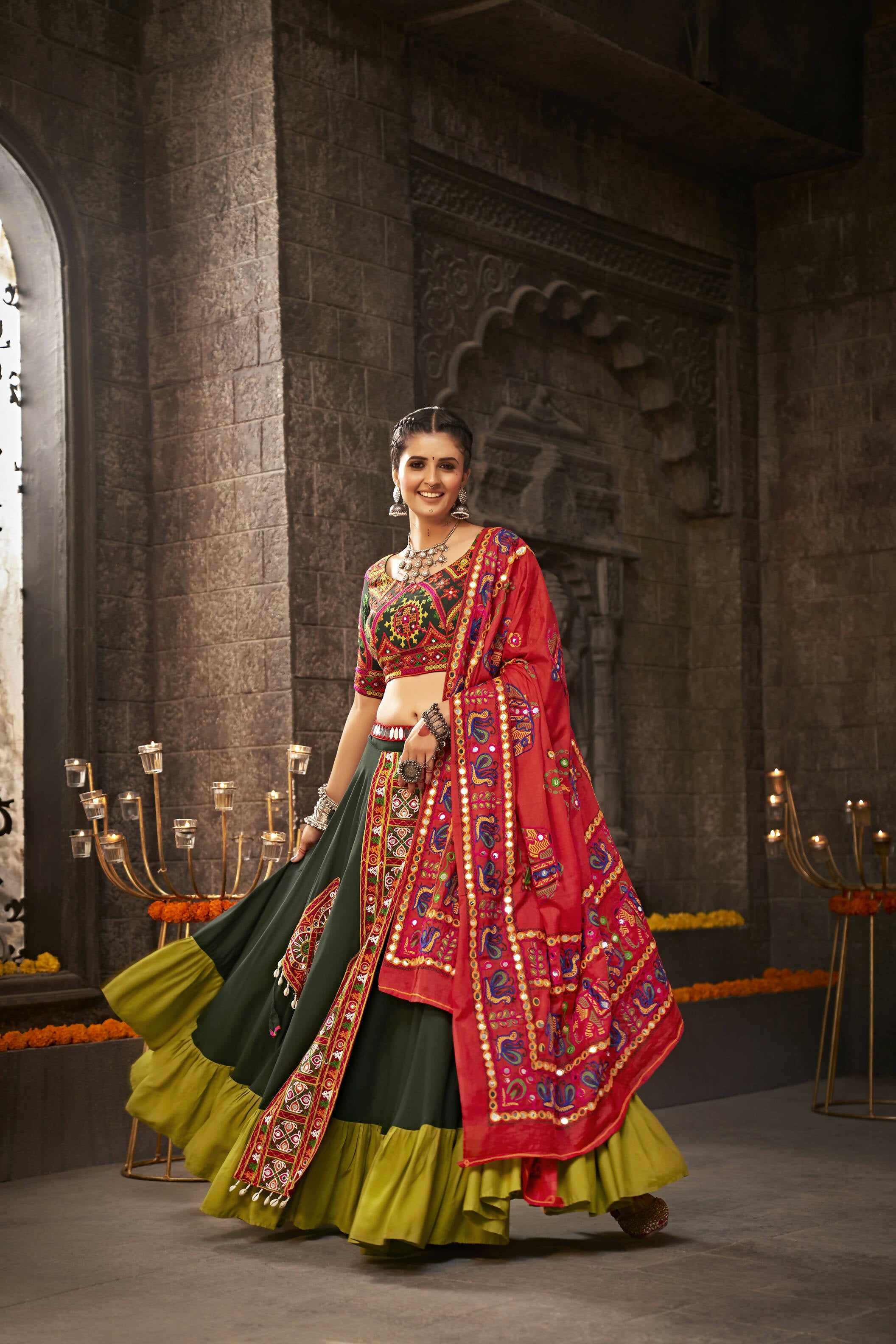 Green Viscose Rayon Thread Embroidered Navratri Lehenga Choli with Dupatta - Raas - Distacart