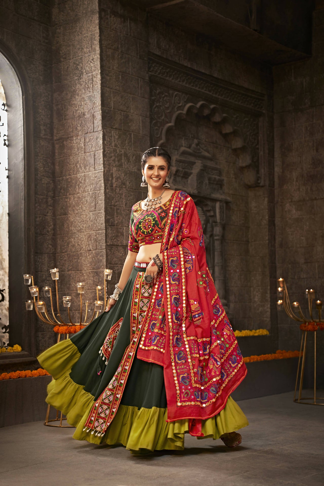 Green Viscose Rayon Thread Embroidered Navratri Lehenga Choli with Dupatta - Raas - Distacart