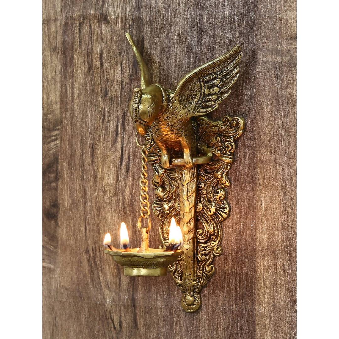 eCraftIndia Gold-Toned Handcrafted Bird Wall Hanging with Diya for 5 wicks - Distacart