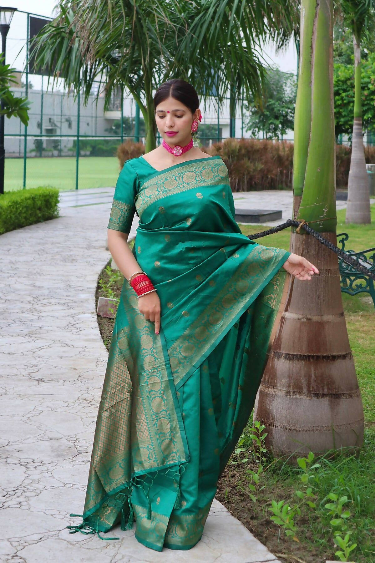 DEIANA'S Beautiful Golden Jari with New Design Soft Lichi Silk Saree - Teal - Distacart