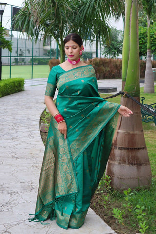 DEIANA'S Beautiful Golden Jari with New Design Soft Lichi Silk Saree - Teal - Distacart