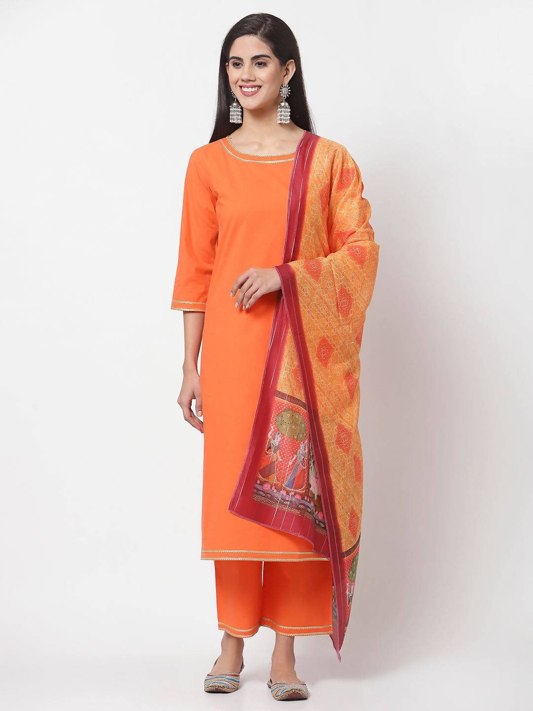 Myshka Orange Solid Cotton 3/4 Sleeve Round Neck Casual Kurta Pant Dupatta Set