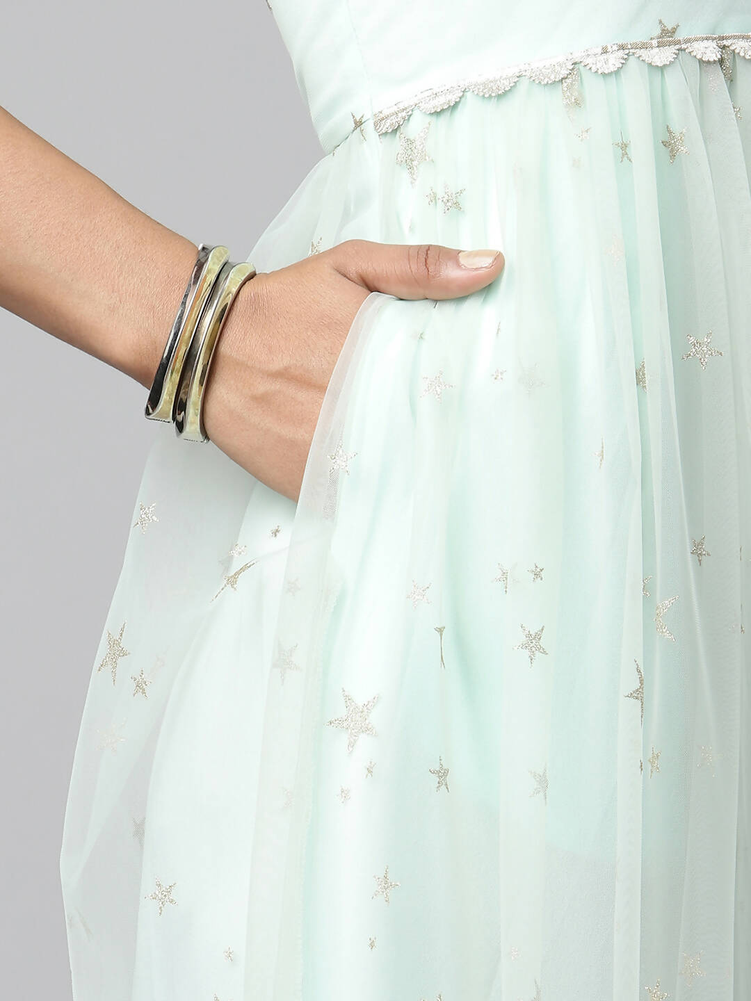 Ahalyaa Women Summer Blue Net Glitter Printed Dress - Distacart