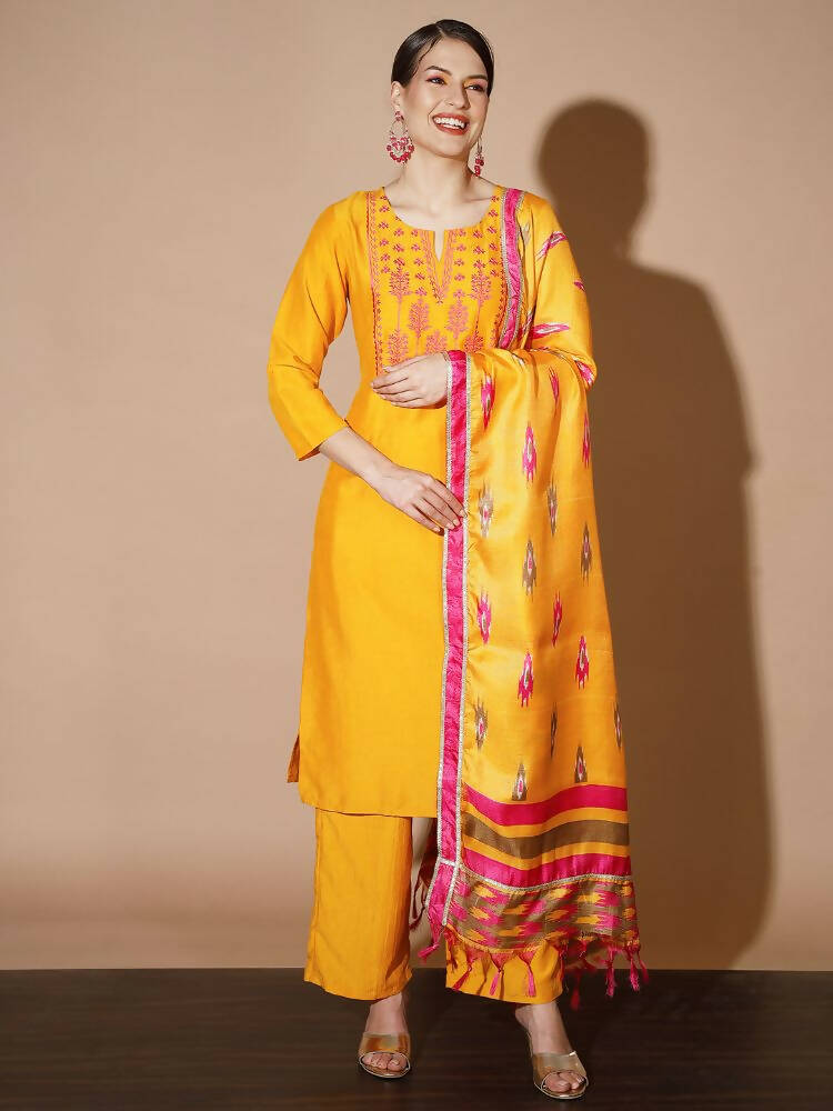 Myshka Women Mustard Solid Kurta & Palazzos With Dupatta - Distacart