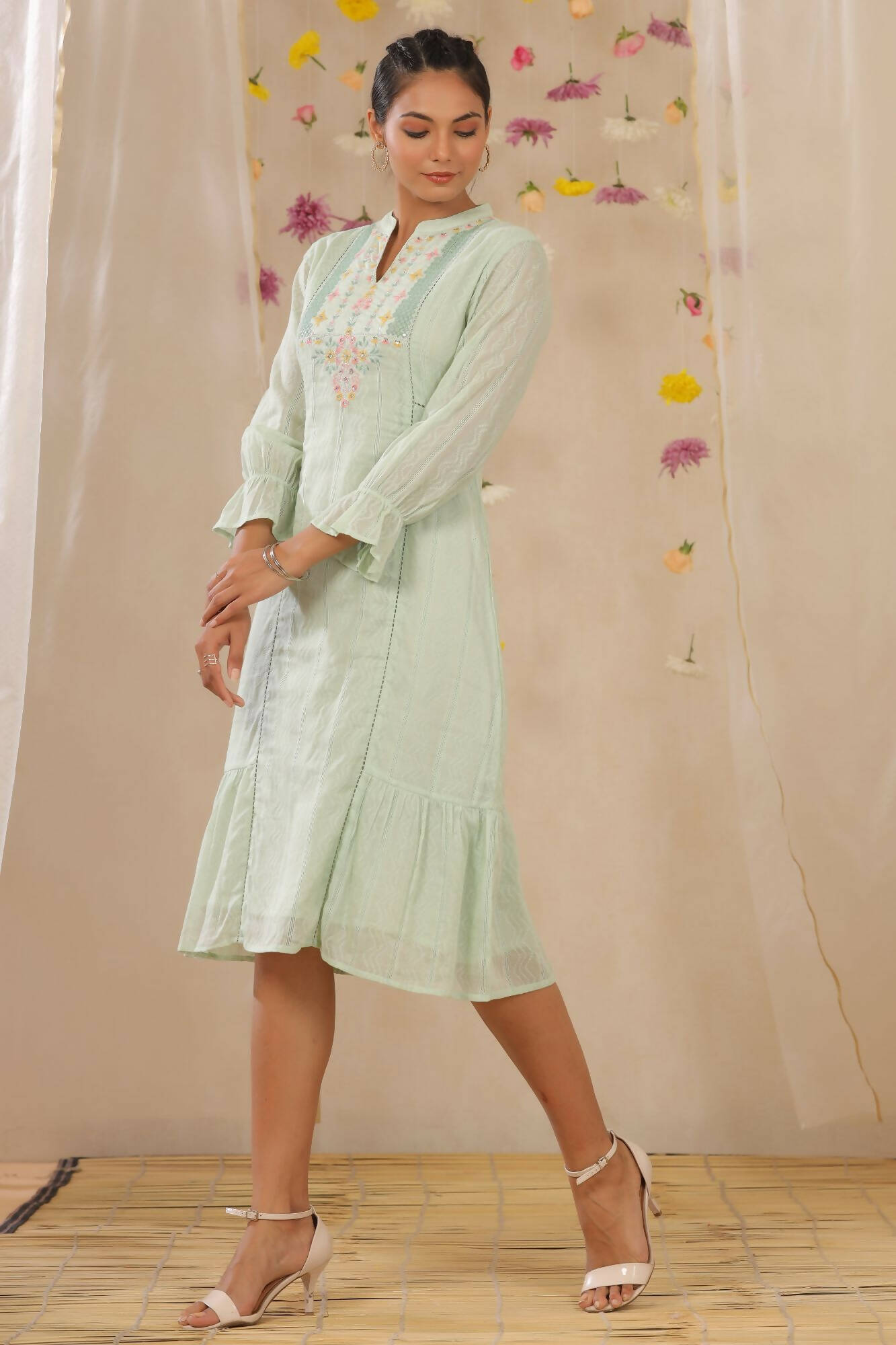 Juniper Women Sagegreen Cotton Dobby Woven Design A-Line Dress - Distacart