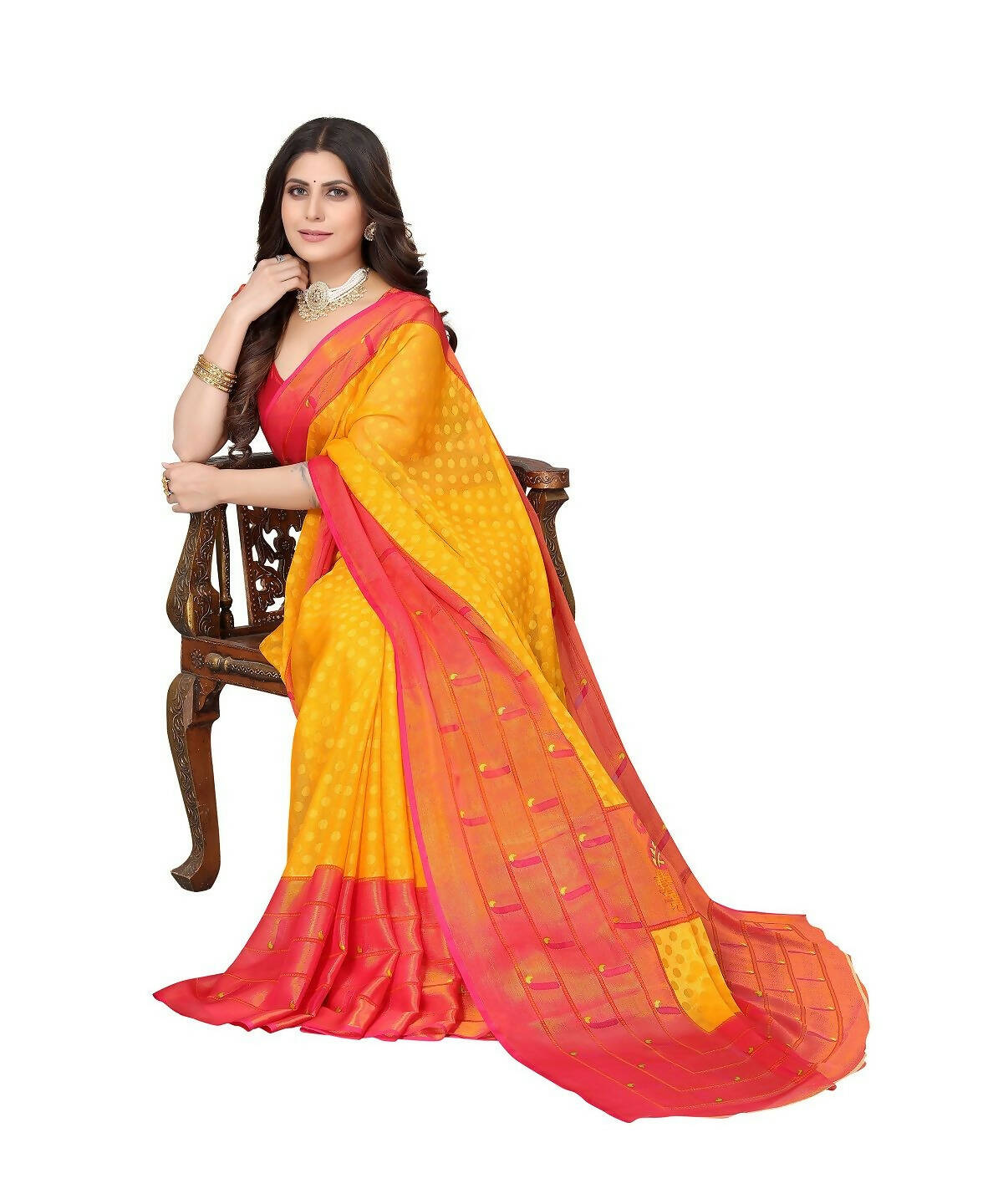 Vamika Yellow Chiffon Brasso Bollywood Style Woven Saree (DIMPLE YELLOW) - Distacart