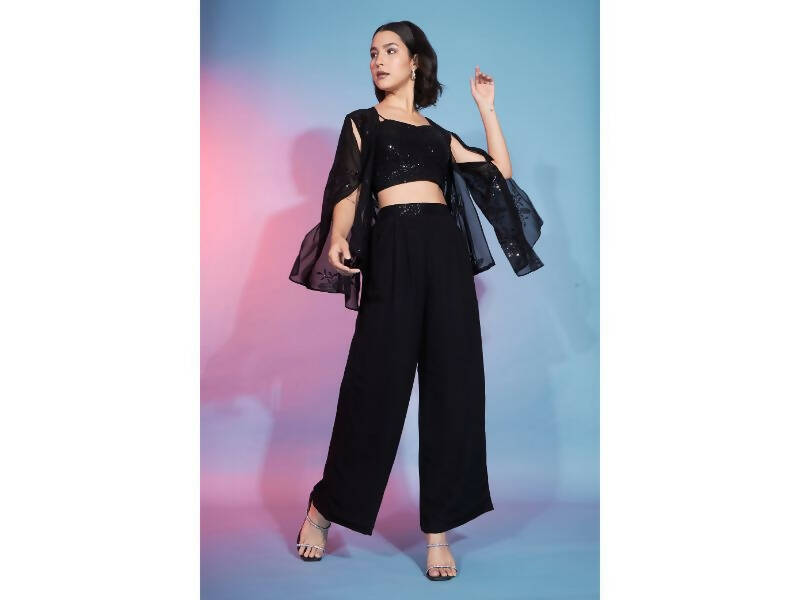 Black Georgette Sequence With Thread Designer Co-Ord Set - Flory - Distacart