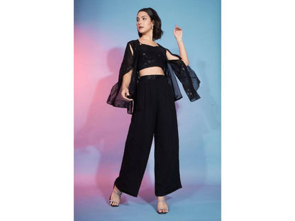 Black Georgette Sequence With Thread Designer Co-Ord Set - Flory - Distacart
