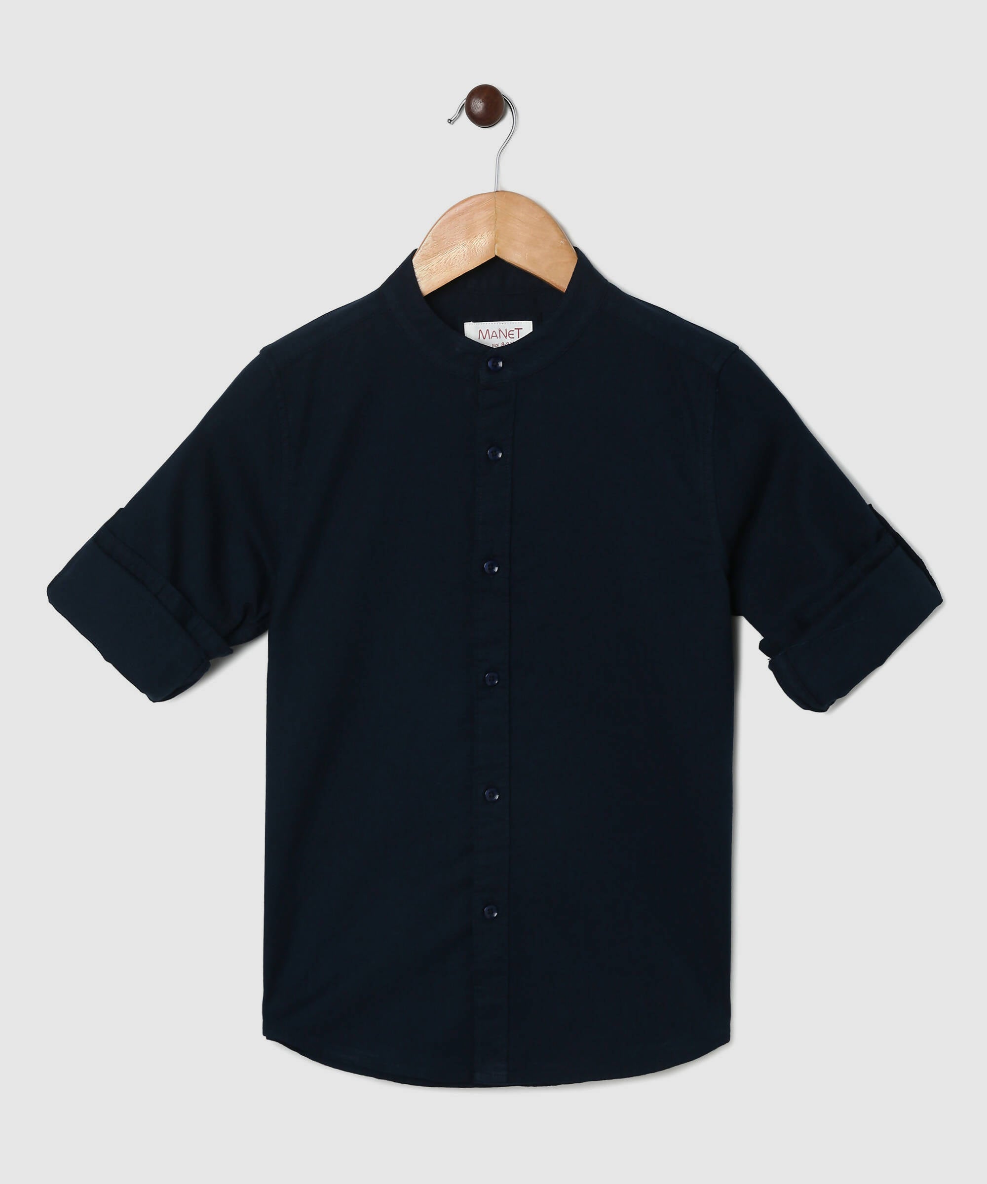 Manet Boys Mandarin Collar Full Sleeves Melange Shirt - Navy Blue - Distacart