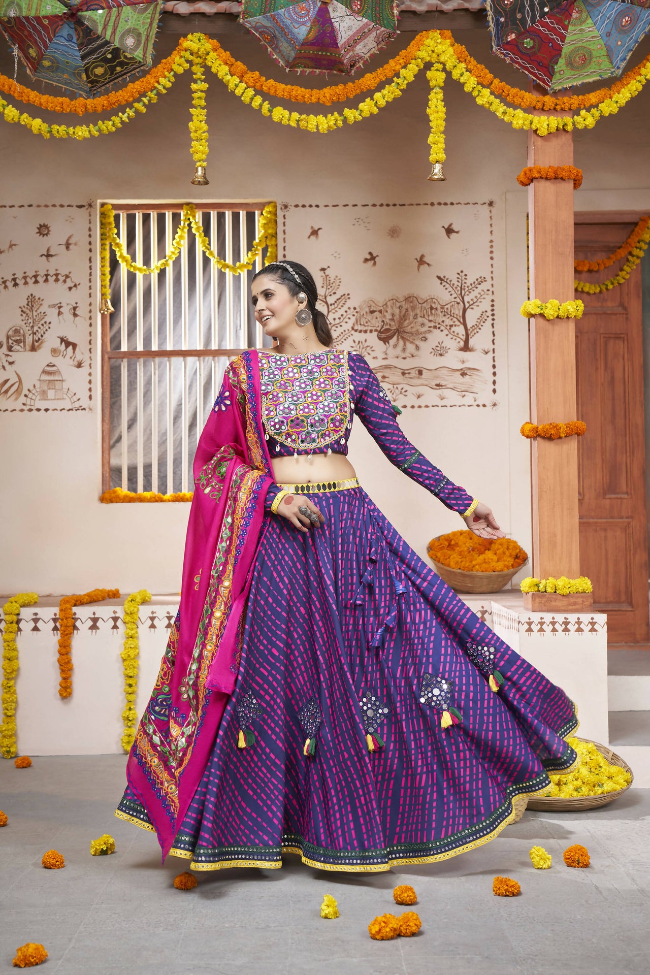 Blue Rayon All over Print with Embroidery Patch Work Navratri Lehenga Choli with Dupatta - Raas - Distacart