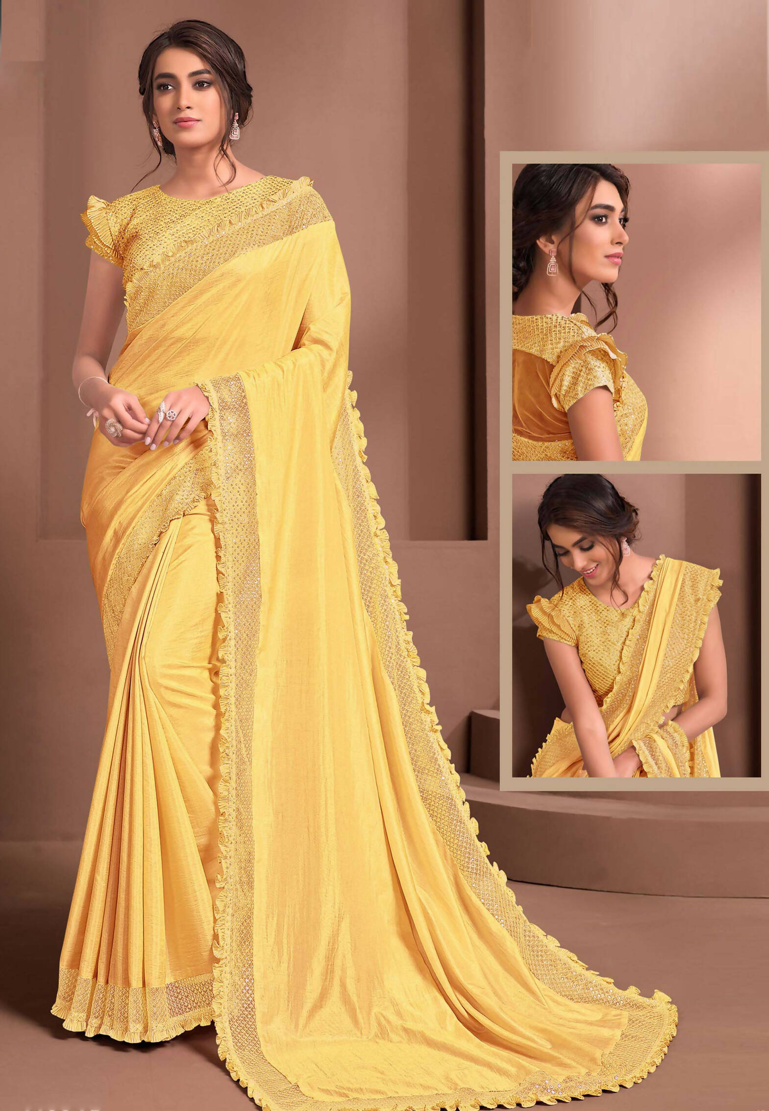 Peach Colored Silk Georgette Embroidered Saree With Unstitched Blouse - Norita Raissa - Distacart